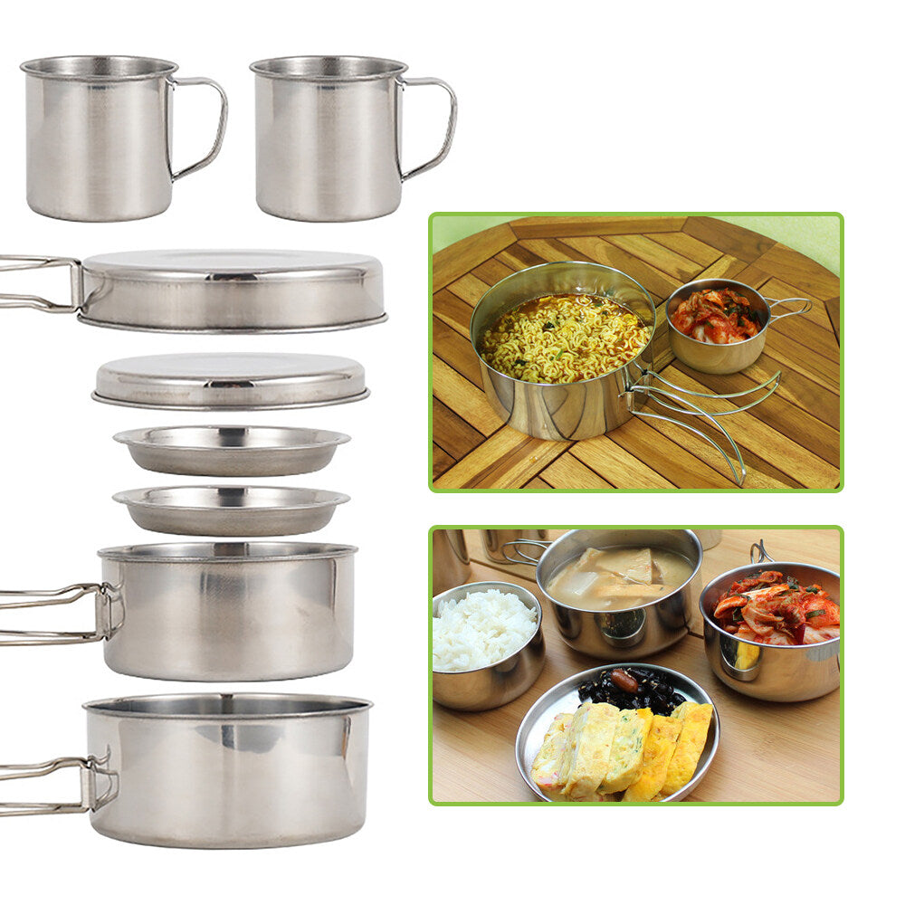 Stainless Steel Camping Cookware Mess Kit 8PCS with Plates Cups H88387