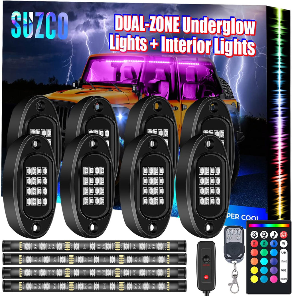 8Pods RGB LED Rock Underglow Lights Kit with 4Pcs Interior Light Kit, 128LEDs+36LEDs, Waterproof 12V Pack of 2 N63735