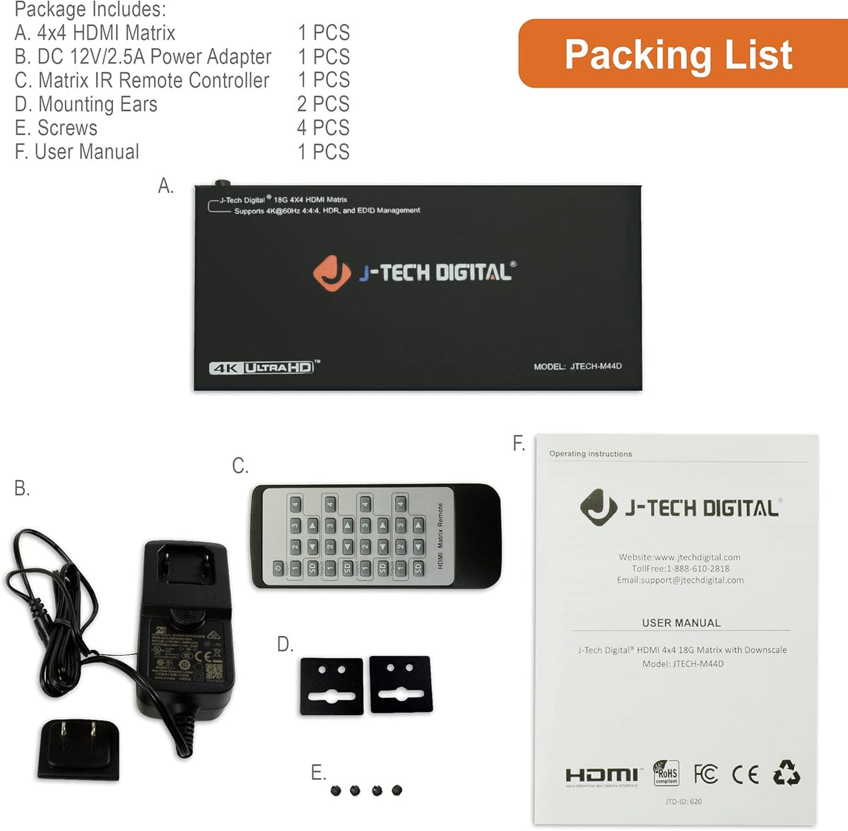 4K 60Hz 4x4 HDMI Matrix Switch with Downscaler EDID HDCP 2.2 HDMI 2.0 W2680