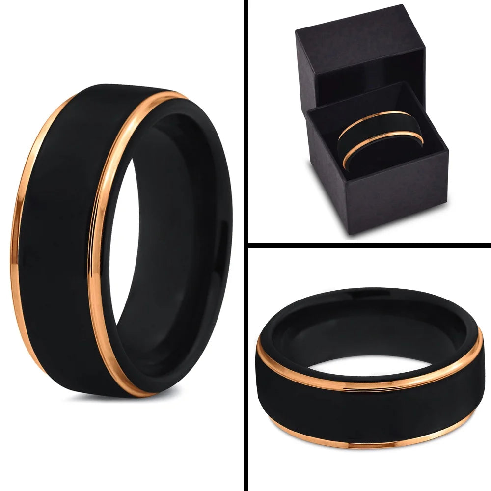 Tungsten Wedding Band Ring 8mm Black 18K Yellow Gold Plated Stepped Edge Polished Size 5.5 J74420