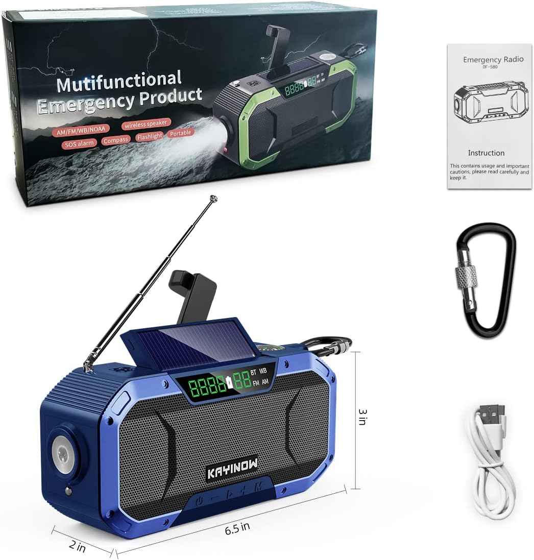 Emergency NOAA Weather Alert Radio with Bluetooth Speaker, IPX5 Waterproof, Hand Crank Solar, 5000mAh Battery, AM FM, Flashlight, SOS, USB Phone Charger, Pack of 2 Y683756