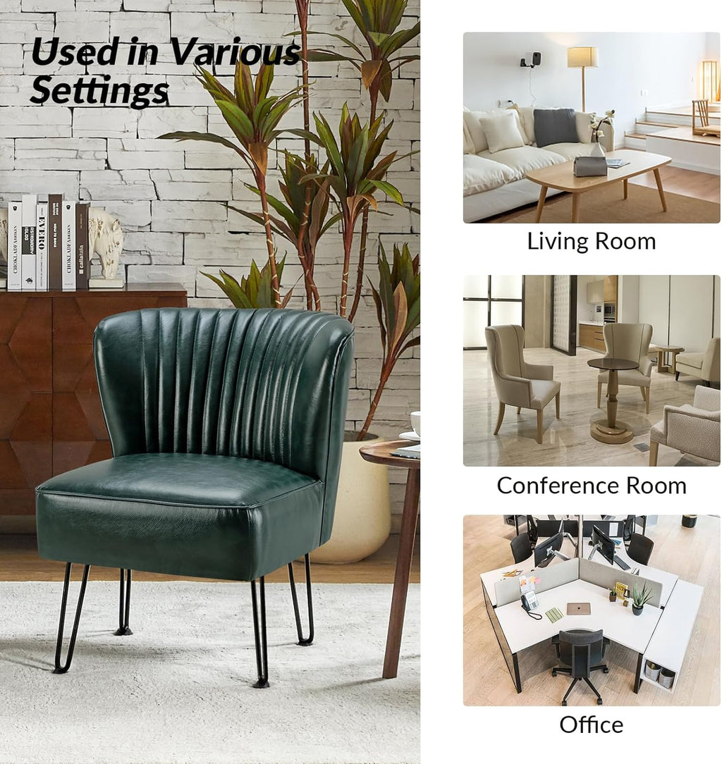 Green Faux Leather Armless Accent Chair with Metal Base V249