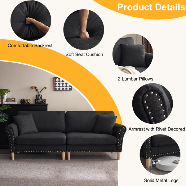 Black Upholstered 2-Seat Loveseat Sofa with 2 Pillows J738701