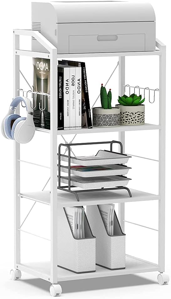 4-Tier Mobile Printer Stand Utility Cart Wooden Adjustable Shelves with 8 Hooks Caster Wheels V200939