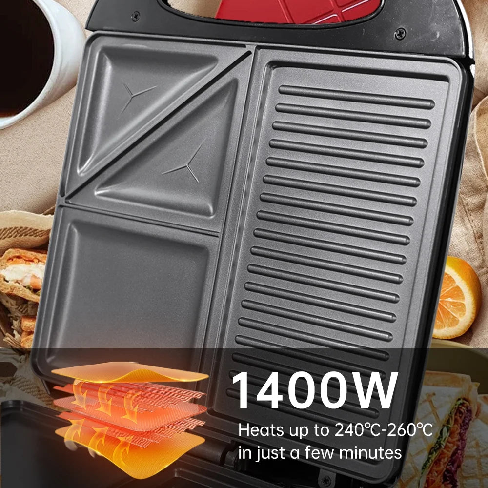 1400W Non-Stick 3in1 Electric Grill Waffle Maker L1344