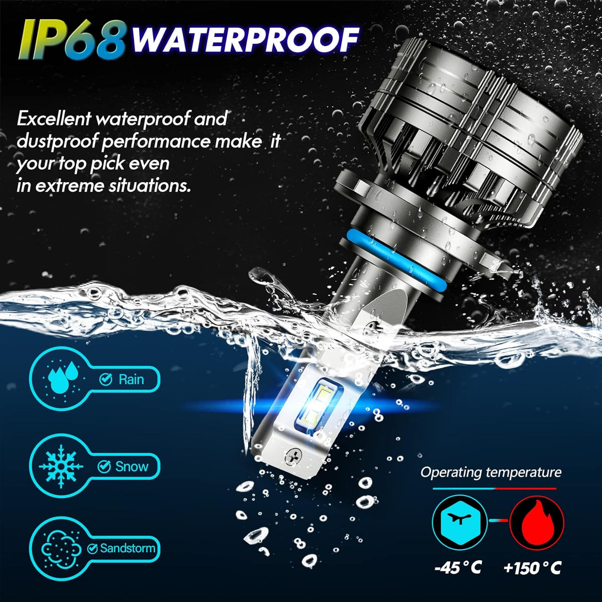 LED Headlight Bulbs Conversion Kit 6500K Cool White IP68 Waterproof, Pack of 2 P358