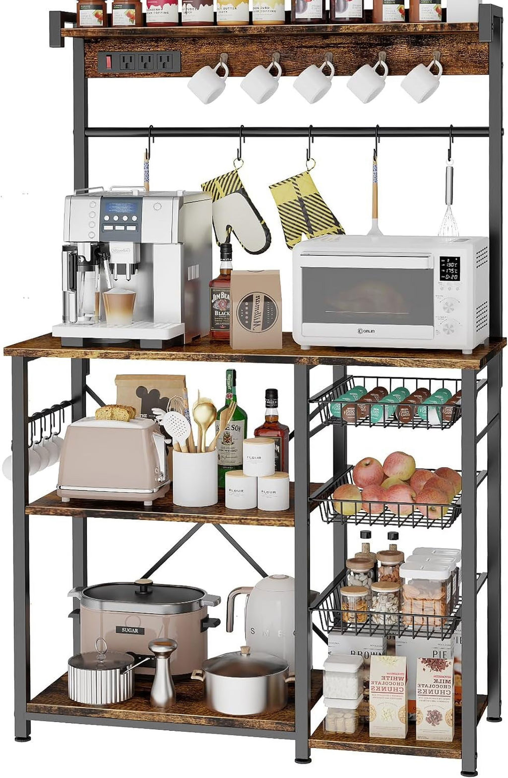 Large Bakers Rack with Power Outlets, 15 Hooks, 3 Wire Basket, Microwave Stand Kitchen Storage Shelf, 38.8 x 16.3 x 62.2 Inches, Rustic Brown B5355