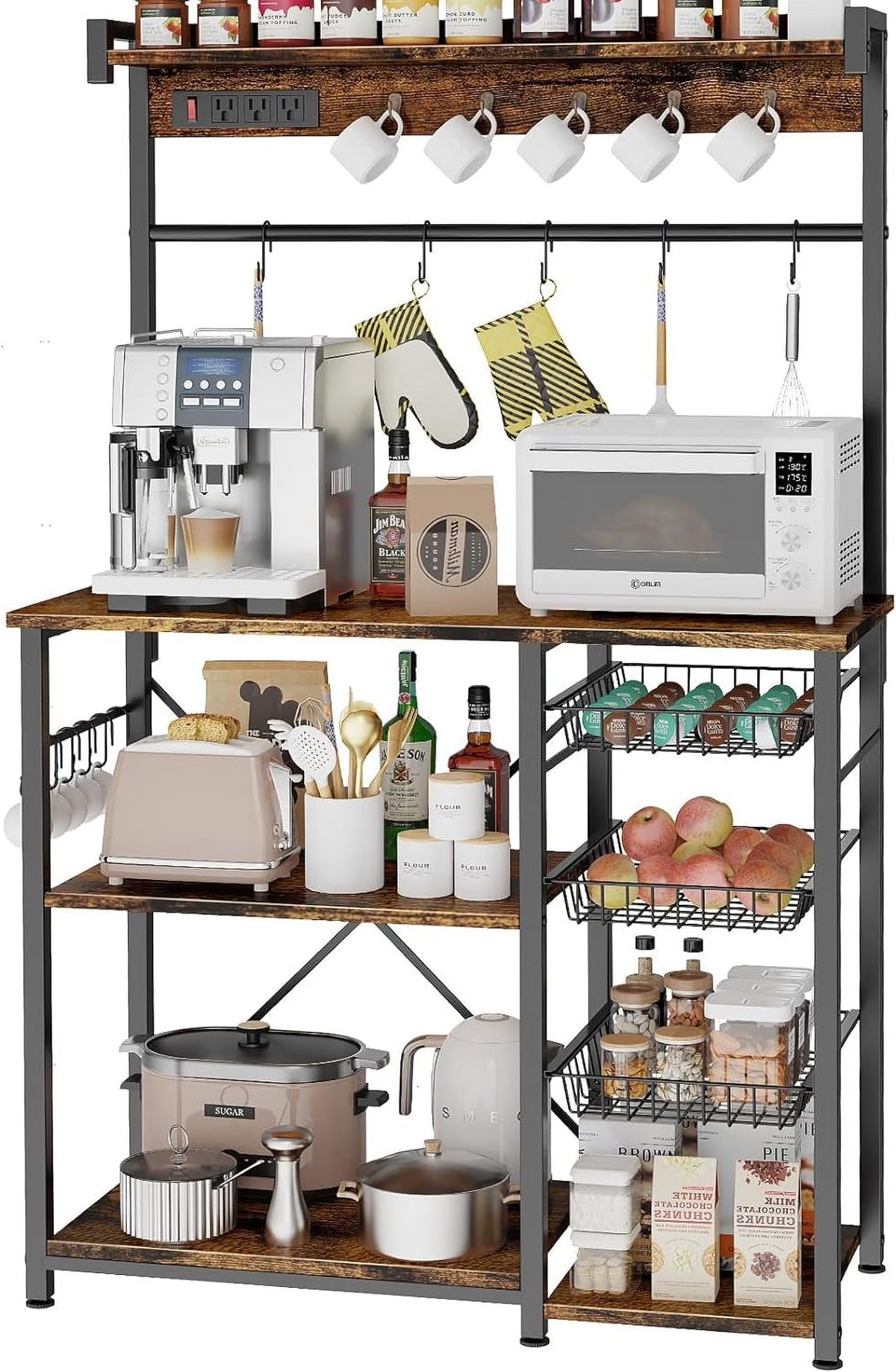 Large Bakers Rack with Power Outlets, 15 Hooks, 3 Wire Basket, Microwave Stand Kitchen Storage Shelf, 38.8 x 16.3 x 62.2 Inches, Rustic Brown B5355