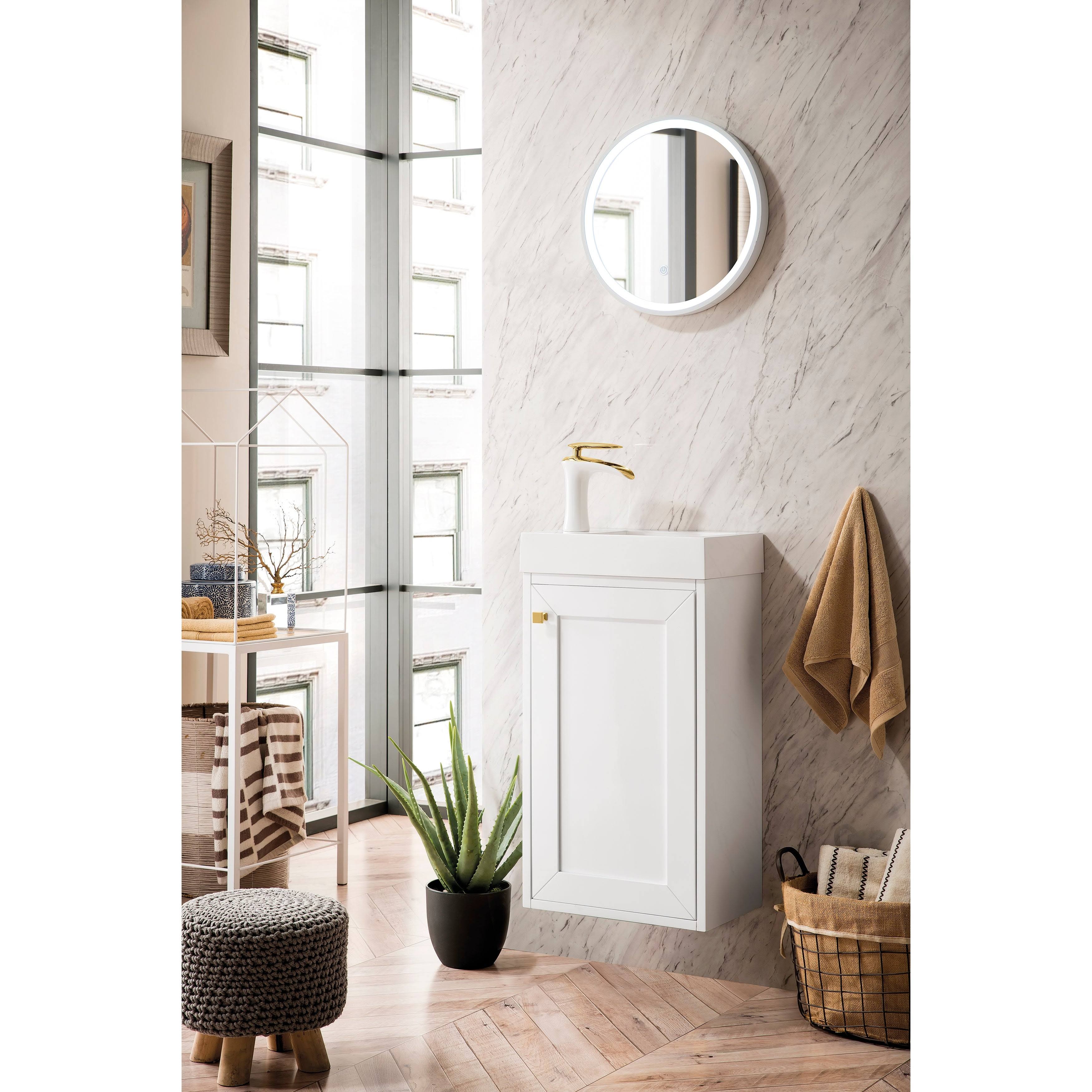 Chianti Single Vanity Cabinet with White Glossy Resin Countertop Whitewashed Walnut O163691