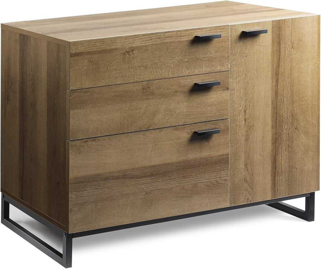3 Drawer Dresser with Side Door, Wood Storage Cabinet with Metal Frame, Gray Oak J3352