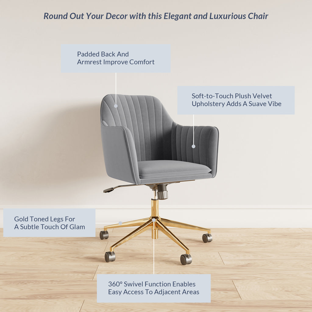 Gray Velvet Swivel Rolling Desk Chair with Adjustable Height G7155