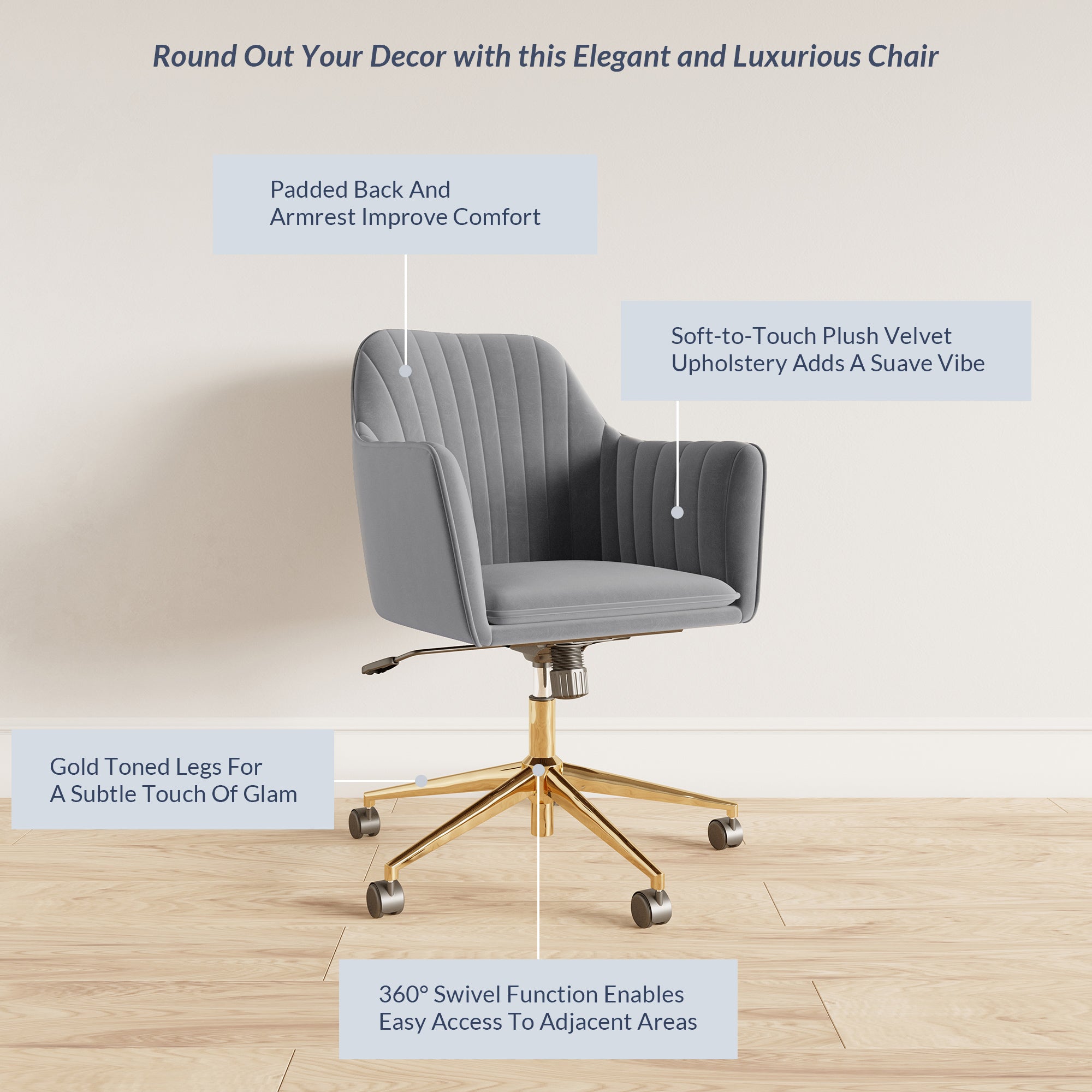 Gray Velvet Swivel Rolling Desk Chair with Adjustable Height G7155