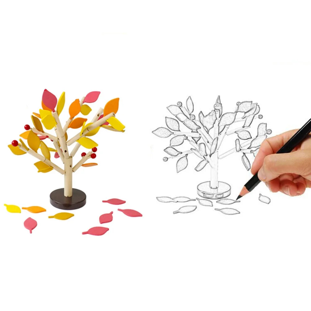 Creative Wooden Tree Blocks with Leaves 3D Building Set Toy (Yellow) E74395