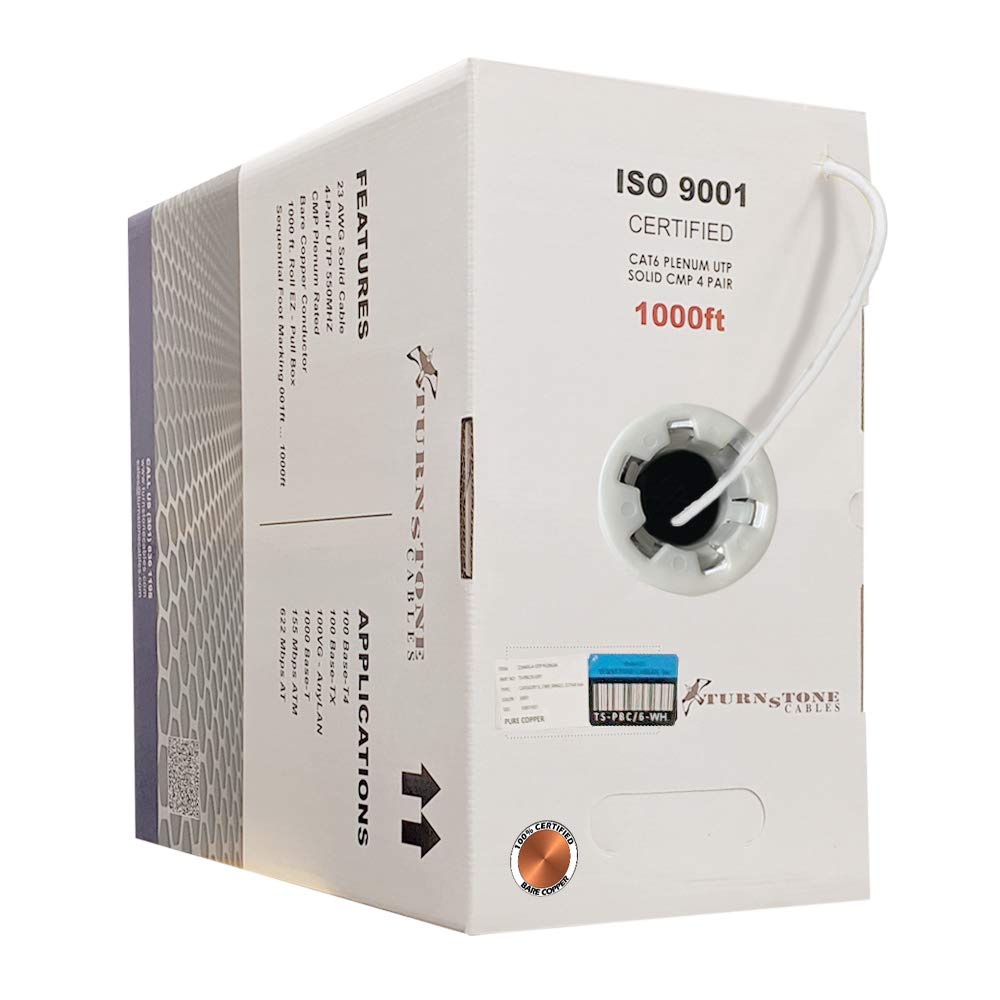 Cat6 Plenum (CMP) 1000ft Cable, 23AWG Solid Bare Copper UTP Bulk Ethernet Cable O1968