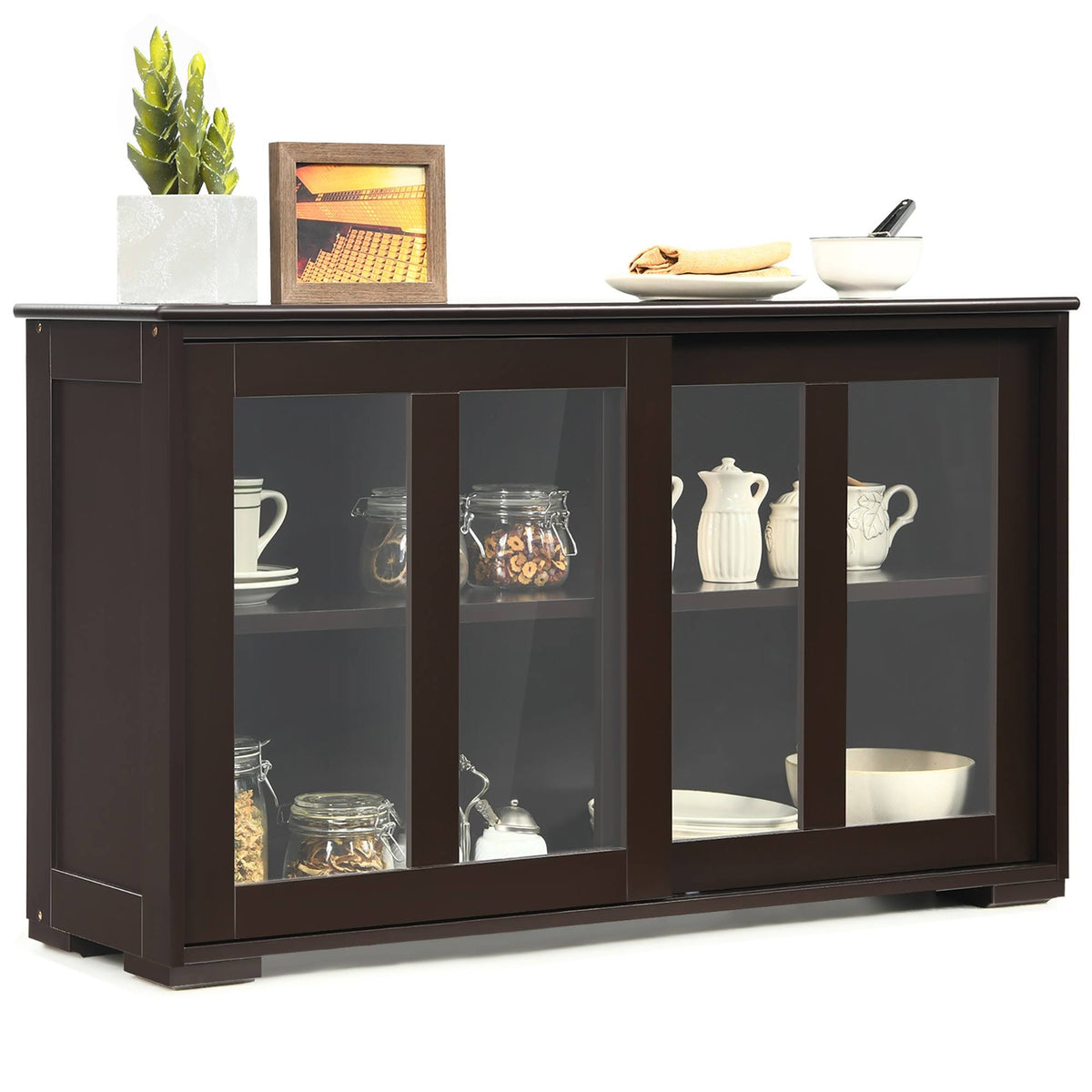 Brown Kitchen Storage Cabinet Sideboard Buffet Cupboard with Sliding Door J567