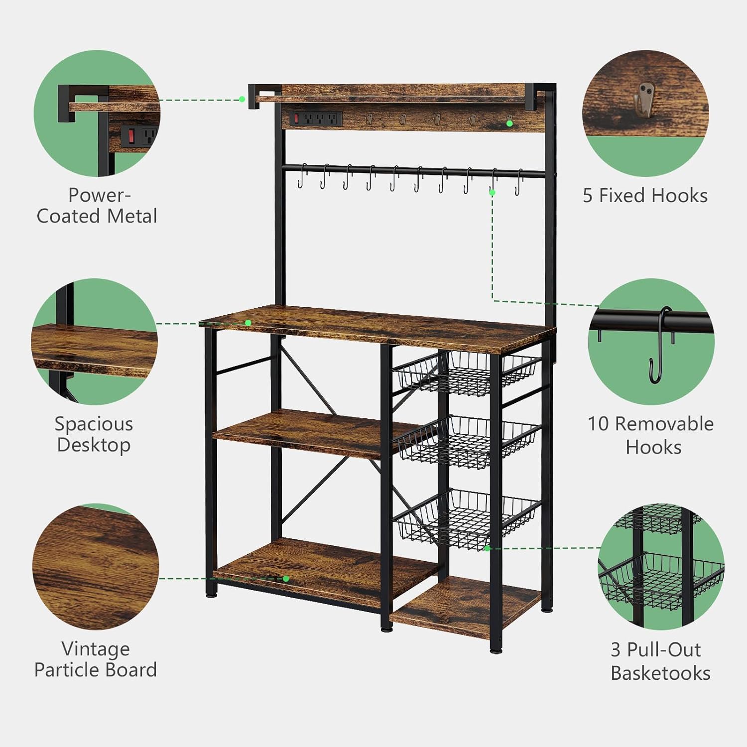 Large Bakers Rack with Power Outlets, 15 Hooks, 3 Wire Basket, Microwave Stand Kitchen Storage Shelf, 38.8 x 16.3 x 62.2 Inches, Rustic Brown B5355