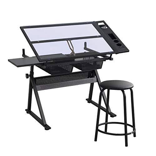 Black Adjustable Glass Drafting Table with Storage Drawer Q39042