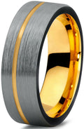 Tungsten Wedding Band Ring 7mm Black & 18K Yellow Gold Plated Pipe Cut Brushed Polished Size 9.5 S20399