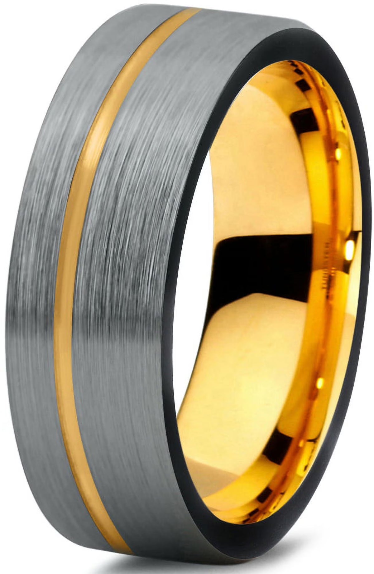 Tungsten Wedding Band Ring 7mm Black & 18K Yellow Gold Plated Pipe Cut Brushed Polished Size 9.5 S20399