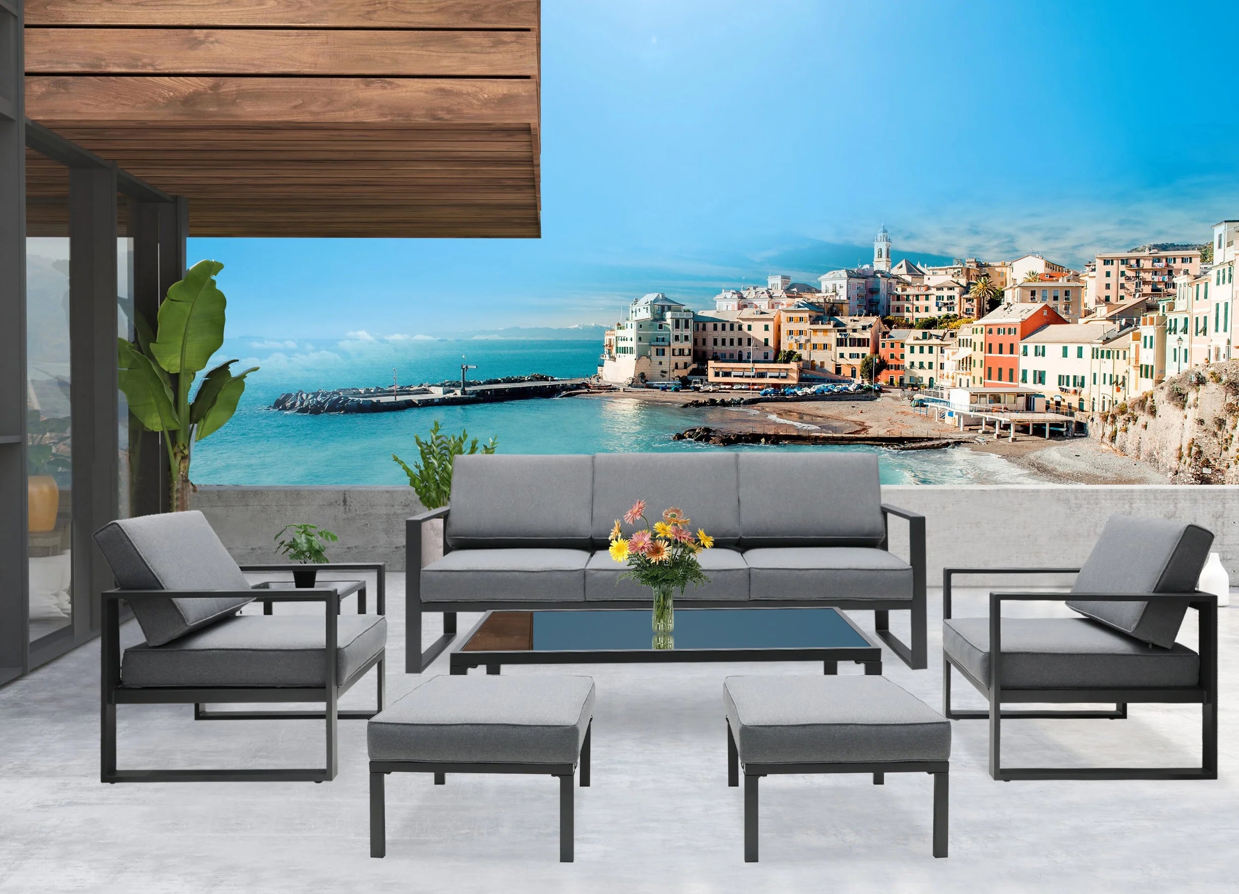 Gray Aluminum Patio Sectional Sofa Set with Table and Ottoman W32909