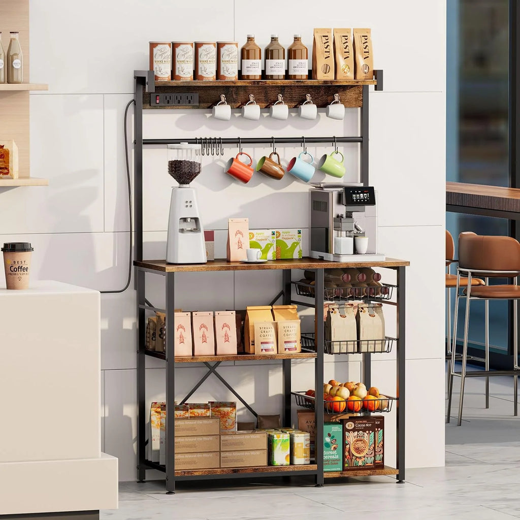 Large Bakers Rack with Power Outlets, 15 Hooks, 3 Wire Basket, Microwave Stand Kitchen Storage Shelf, 38.8 x 16.3 x 62.2 Inches, Rustic Brown B5355