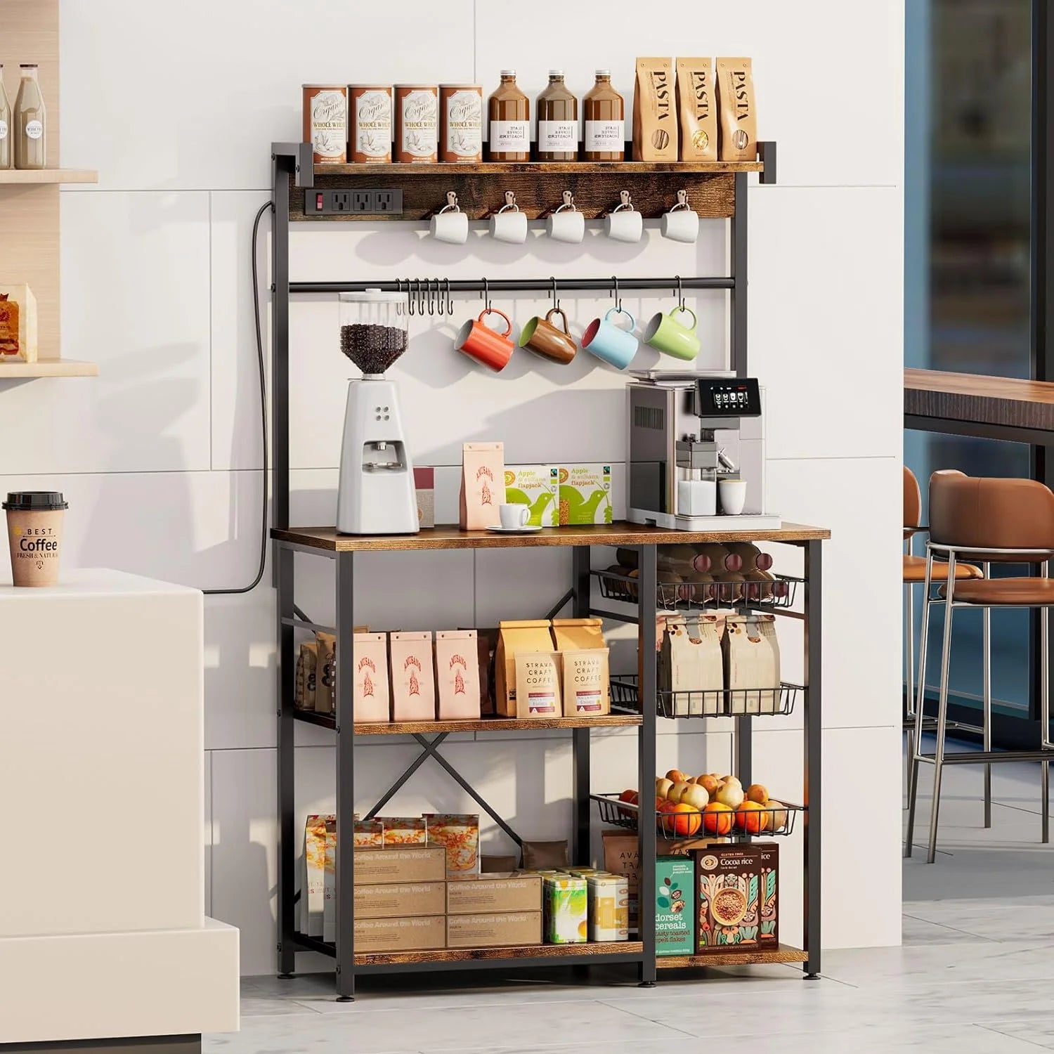 Large Bakers Rack with Power Outlets, 15 Hooks, 3 Wire Basket, Microwave Stand Kitchen Storage Shelf, 38.8 x 16.3 x 62.2 Inches, Rustic Brown B5355