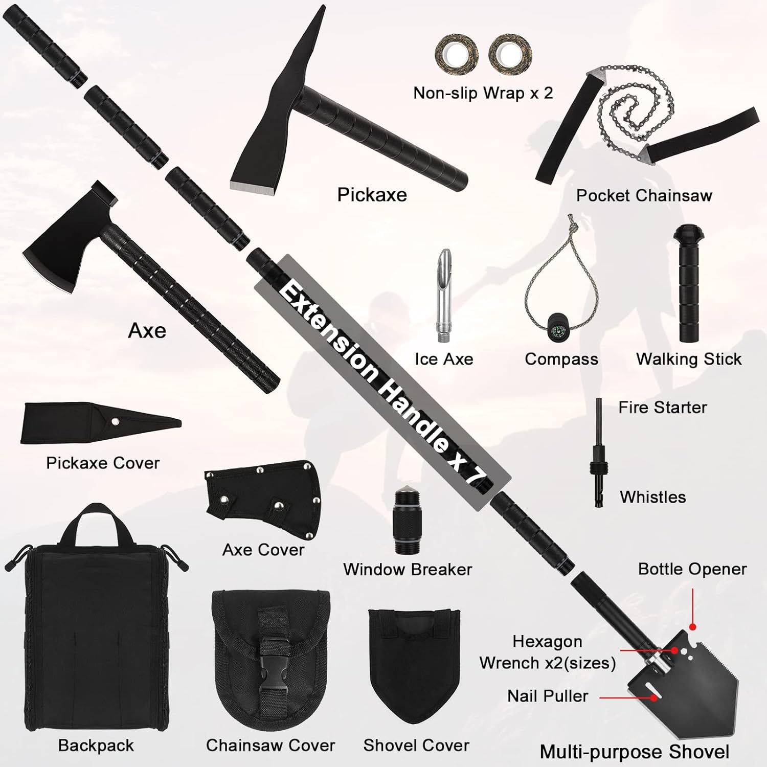 59.8 Inch High Carbon Steel Survival Shovel Axe Kit with Pickaxe Chainsaw Q6170